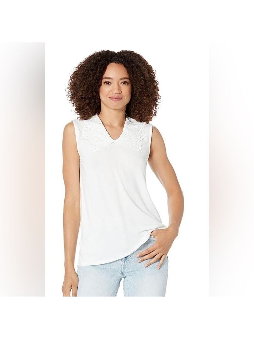 NWT H By Halston White Eyelet Collar Sleeveless V-Neck Top